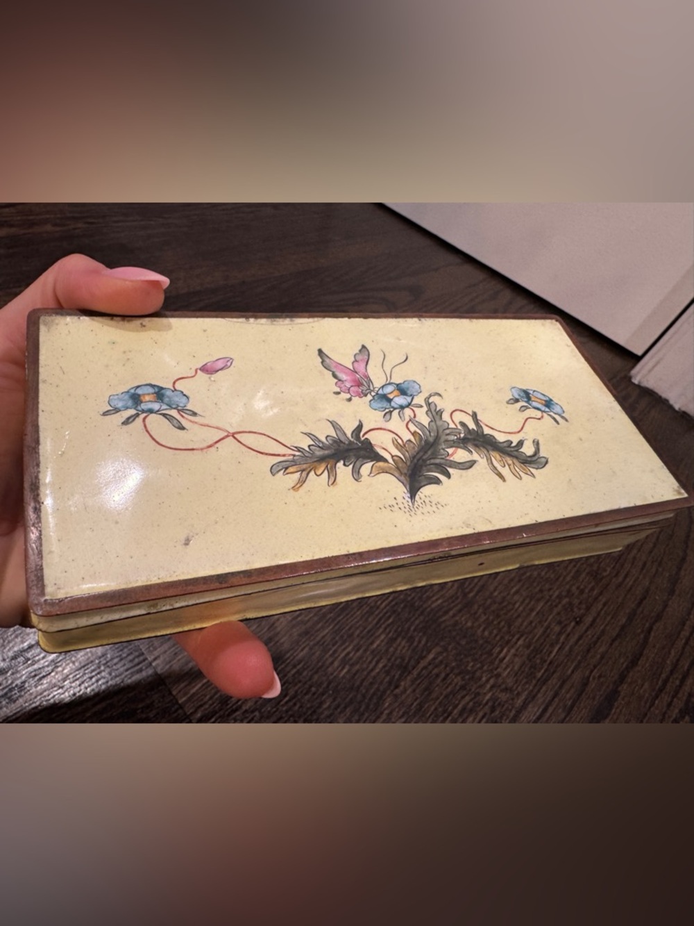 Vintage Chinese Brass & Enamel Floral Divided Cigarette Dresser Storage Box